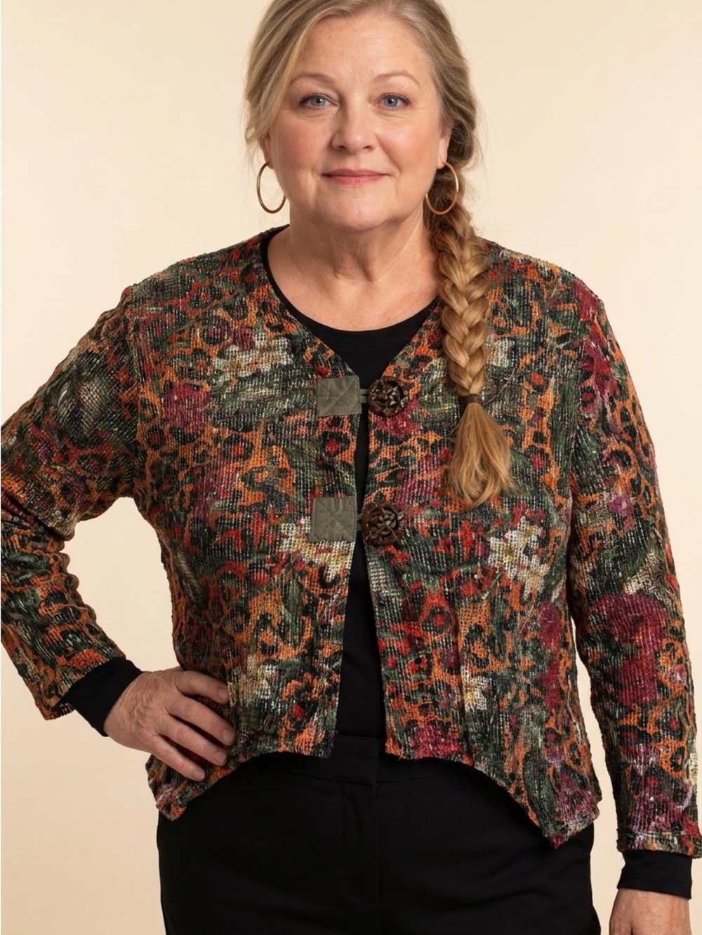 Mirror Image BoHo Multicolor Open Weave Wooden Buttons Cardigan - 2XL